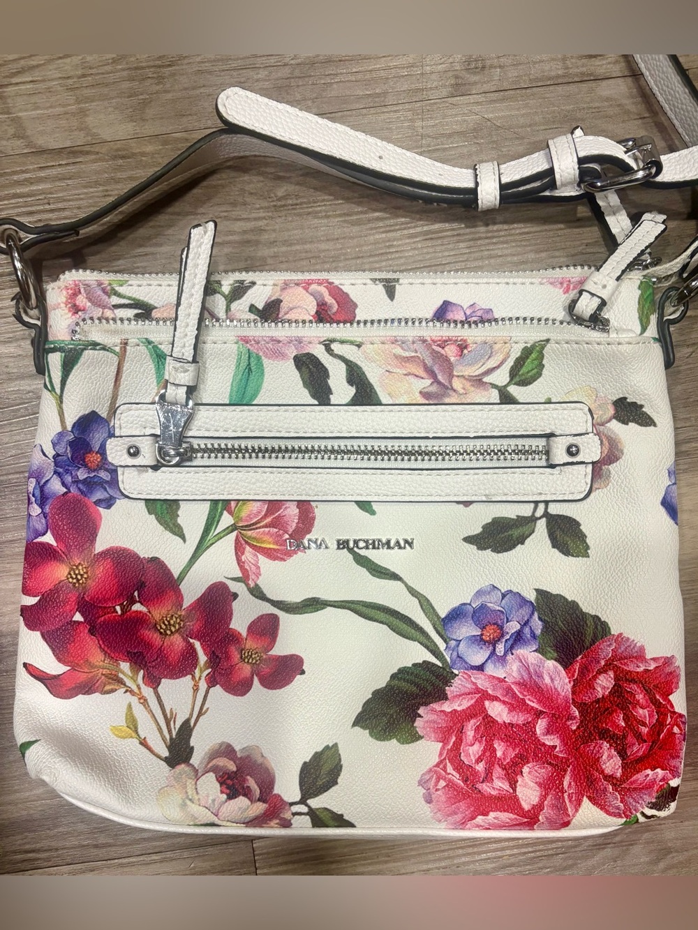 Dana Buchman White Floral Print Crossbody Bag with Adjustable Strap